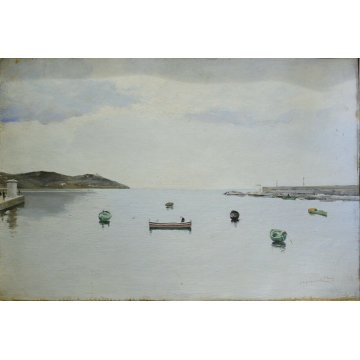 ANTICO QUADRO DIPINTO OLIO MICHETTI PAESAGGIO MARINA PESCATORI BARCHE PORTO NAVE