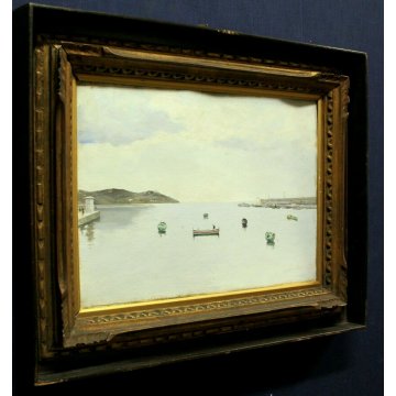 ANTICO QUADRO DIPINTO OLIO MICHETTI PAESAGGIO MARINA PESCATORI BARCHE PORTO NAVE