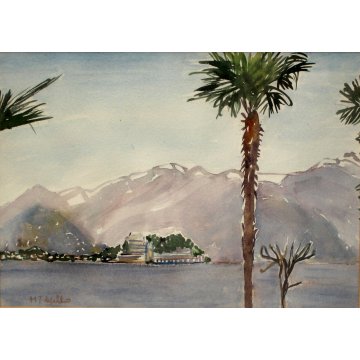 DIPINTO ACQUERELLO Isola Bella Borromeo STRESA VEDUTA LAGO MAGGIORE FIRMATO '900