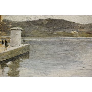 ANTICO QUADRO DIPINTO OLIO MICHETTI PAESAGGIO MARINA PESCATORI BARCHE PORTO NAVE