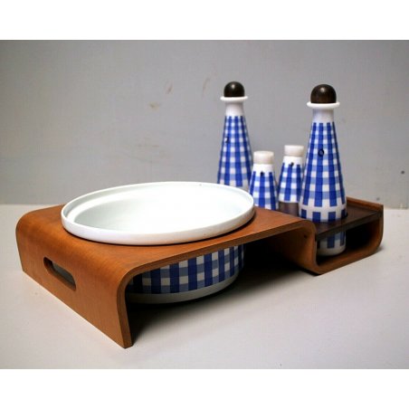SET INSALATIERA SALE PEPE VETRO DECORO BIANCO BLU QUADRI VASSOIO LEGNO '50s