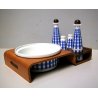 SET INSALATIERA SALE PEPE VETRO DECORO BIANCO BLU QUADRI VASSOIO LEGNO '50s