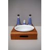 SET INSALATIERA SALE PEPE VETRO DECORO BIANCO BLU QUADRI VASSOIO LEGNO '50s