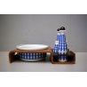 SET INSALATIERA SALE PEPE VETRO DECORO BIANCO BLU QUADRI VASSOIO LEGNO '50s