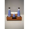 SET INSALATIERA SALE PEPE VETRO DECORO BIANCO BLU QUADRI VASSOIO LEGNO '50s