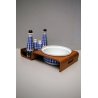 SET INSALATIERA SALE PEPE VETRO DECORO BIANCO BLU QUADRI VASSOIO LEGNO '50s