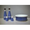 SET INSALATIERA SALE PEPE VETRO DECORO BIANCO BLU QUADRI VASSOIO LEGNO '50s