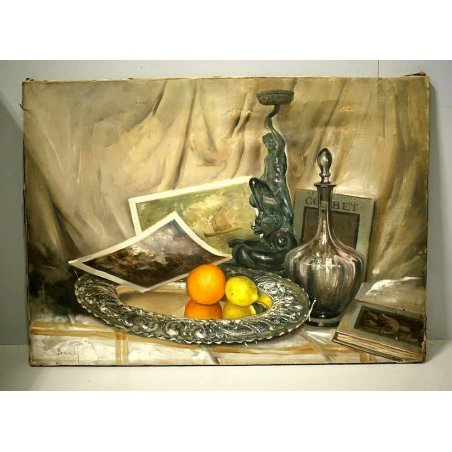 DIPINTO NATURA MORTA A.Barchi VASSOIO ARGENTO AGRUMI BRONZO BOTTIGLIA LIBRI '900