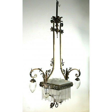 LAMPADARIO LIBERTY SOSPENSIONE OTTONE VETRO OPALINO FOGLIE MASCHERONI CANNUCCE 