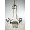 LAMPADARIO LIBERTY SOSPENSIONE OTTONE VETRO OPALINO FOGLIE MASCHERONI CANNUCCE 