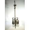 LAMPADARIO LIBERTY SOSPENSIONE OTTONE VETRO OPALINO FOGLIE MASCHERONI CANNUCCE 