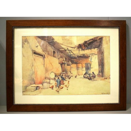 DIPINTO ACQUERELLO E. Penitti Marocco CORTILE MAROCCHINO DONNE BAMBINI GALLINE