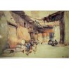 DIPINTO ACQUERELLO E. Penitti Marocco CORTILE MAROCCHINO DONNE BAMBINI GALLINE