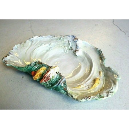 ANTICO PIATTO CERAMICA LUSTRO CENTROTAVOLA OSTRICA PESCE OYSTER CLAM CERAMIC ART