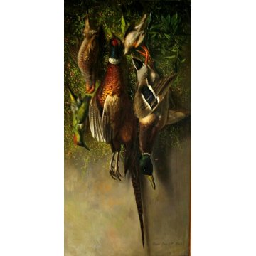 ANTICO GRANDE DIPINTO OLIO R. Ronchetti NATURA MORTA CACCIA SELVAGGINA UCCELLI 