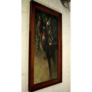 ANTICO GRANDE DIPINTO OLIO R. Ronchetti NATURA MORTA CACCIA SELVAGGINA UCCELLI 