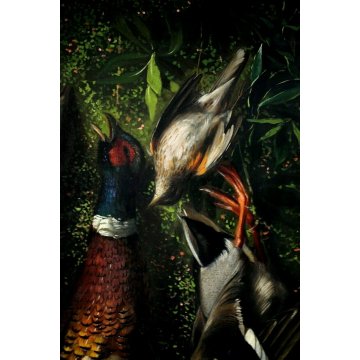 ANTICO GRANDE DIPINTO OLIO R. Ronchetti NATURA MORTA CACCIA SELVAGGINA UCCELLI 