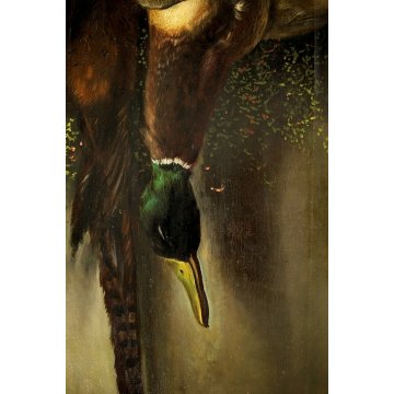 ANTICO GRANDE DIPINTO OLIO R. Ronchetti NATURA MORTA CACCIA SELVAGGINA UCCELLI 