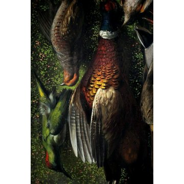ANTICO GRANDE DIPINTO OLIO R. Ronchetti NATURA MORTA CACCIA SELVAGGINA UCCELLI 