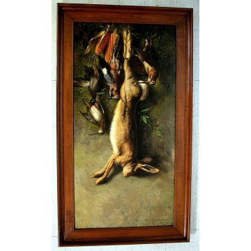 ANTICO GRANDE DIPINTO OLIO R. Ronchetti NATURA MORTA con LEPRE CACCIA SELVAGGINA