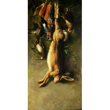 ANTICO GRANDE DIPINTO OLIO R. Ronchetti NATURA MORTA con LEPRE CACCIA SELVAGGINA