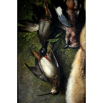 ANTICO GRANDE DIPINTO OLIO R. Ronchetti NATURA MORTA con LEPRE CACCIA SELVAGGINA