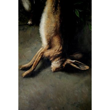 ANTICO GRANDE DIPINTO OLIO R. Ronchetti NATURA MORTA con LEPRE CACCIA SELVAGGINA