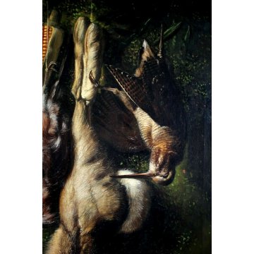 ANTICO GRANDE DIPINTO OLIO R. Ronchetti NATURA MORTA con LEPRE CACCIA SELVAGGINA