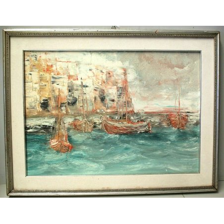 QUADRO DIPINTO OLIO TELA SPATOLA MATERICO VEDUTA PAESAGGIO MARINA PORTO BARCHE