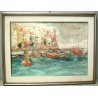 QUADRO DIPINTO OLIO TELA SPATOLA MATERICO VEDUTA PAESAGGIO MARINA PORTO BARCHE