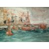 QUADRO DIPINTO OLIO TELA SPATOLA MATERICO VEDUTA PAESAGGIO MARINA PORTO BARCHE
