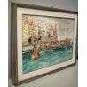 QUADRO DIPINTO OLIO TELA SPATOLA MATERICO VEDUTA PAESAGGIO MARINA PORTO BARCHE