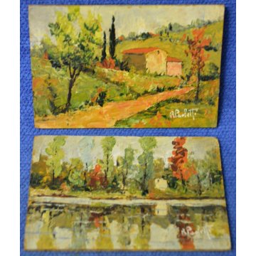 2pz ANTICO QUADRO DIPINTO OLIO 800 Rodolfo Paoletti PAESAGGIO CAMPAGNA FIUME old