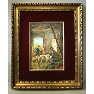 ANTICO QUADRO OLIO Mario Fattori TOSCANA CAMPAGNA SCENA VITA RURALE OVILE PECORE
