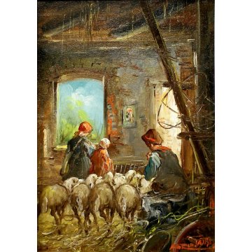 ANTICO QUADRO OLIO Mario Fattori TOSCANA CAMPAGNA SCENA VITA RURALE OVILE PECORE