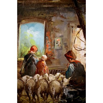 ANTICO QUADRO OLIO Mario Fattori TOSCANA CAMPAGNA SCENA VITA RURALE OVILE PECORE