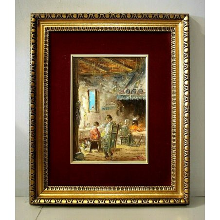 ANTICO QUADRO OLIO Mario Fattori TOSCANA CASOLARE SCENA INTERNO RURALE FOCOLARE