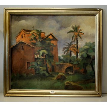 QUADRO OLIO TAVOLA Giovanni Zanetti ROMA TRAMONTO ALBA ANTICO BORGO CHIESA PALME