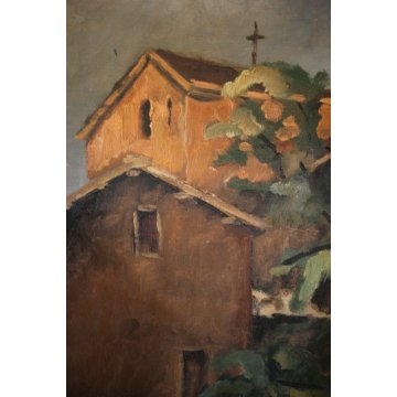 QUADRO OLIO TAVOLA Giovanni Zanetti ROMA TRAMONTO ALBA ANTICO BORGO CHIESA PALME