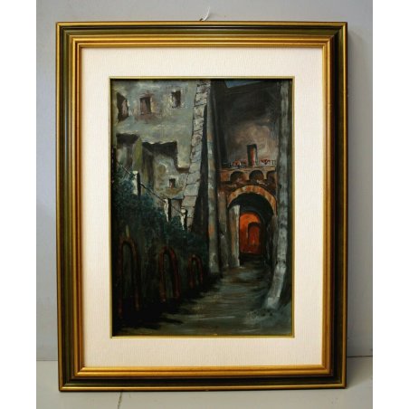  QUADRO OLIO TAVOLA PAESAGGIO NOTTURNO SCORCIO BORGO ANTICO FORTEZZA MURA ARCO 