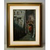  QUADRO OLIO TAVOLA PAESAGGIO NOTTURNO SCORCIO BORGO ANTICO FORTEZZA MURA ARCO 