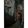  QUADRO OLIO TAVOLA PAESAGGIO NOTTURNO SCORCIO BORGO ANTICO FORTEZZA MURA ARCO 