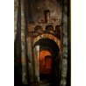  QUADRO OLIO TAVOLA PAESAGGIO NOTTURNO SCORCIO BORGO ANTICO FORTEZZA MURA ARCO 