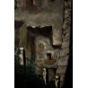  QUADRO OLIO TAVOLA PAESAGGIO NOTTURNO SCORCIO BORGO ANTICO FORTEZZA MURA ARCO 