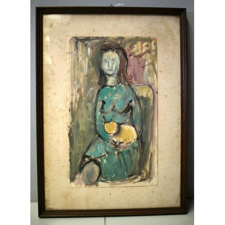 ANTICO QUADRO ACQUERELLO Neri 68 RITRATTO  INTIMISTA MATERNITA' MADRE BIMBO ART