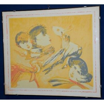 QUADRO DIPINTO Remo Brindisi STAMPA LITOGRAFIA ARTE GRAFICA DESIGN BIMBI PECORA