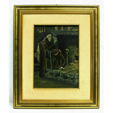 ANTICO QUADRO DIPINTO OLIO TAVOLA FRATE FOCOLARE CAMINO PAIOLO CENA FUOCO '900