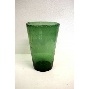 GRANDE VASO TRONCO-CONICO VETRO SOFFIATO Murano VERDE EMPOLI BULLICANTE ANNI '40