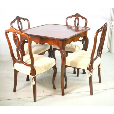 ANTICO TAVOLO GIOCO QUADRATO INTARSIATO 4 SEDIE INTAGLIATE GAMBA SCIABOLATA '700