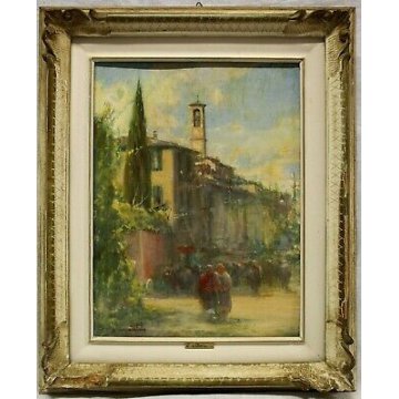 ANTICO DIPINTO OLIO TAVOLA Gentili Bernardo VEDUTA PAESAGGIO BORGO CAMPANILE '52